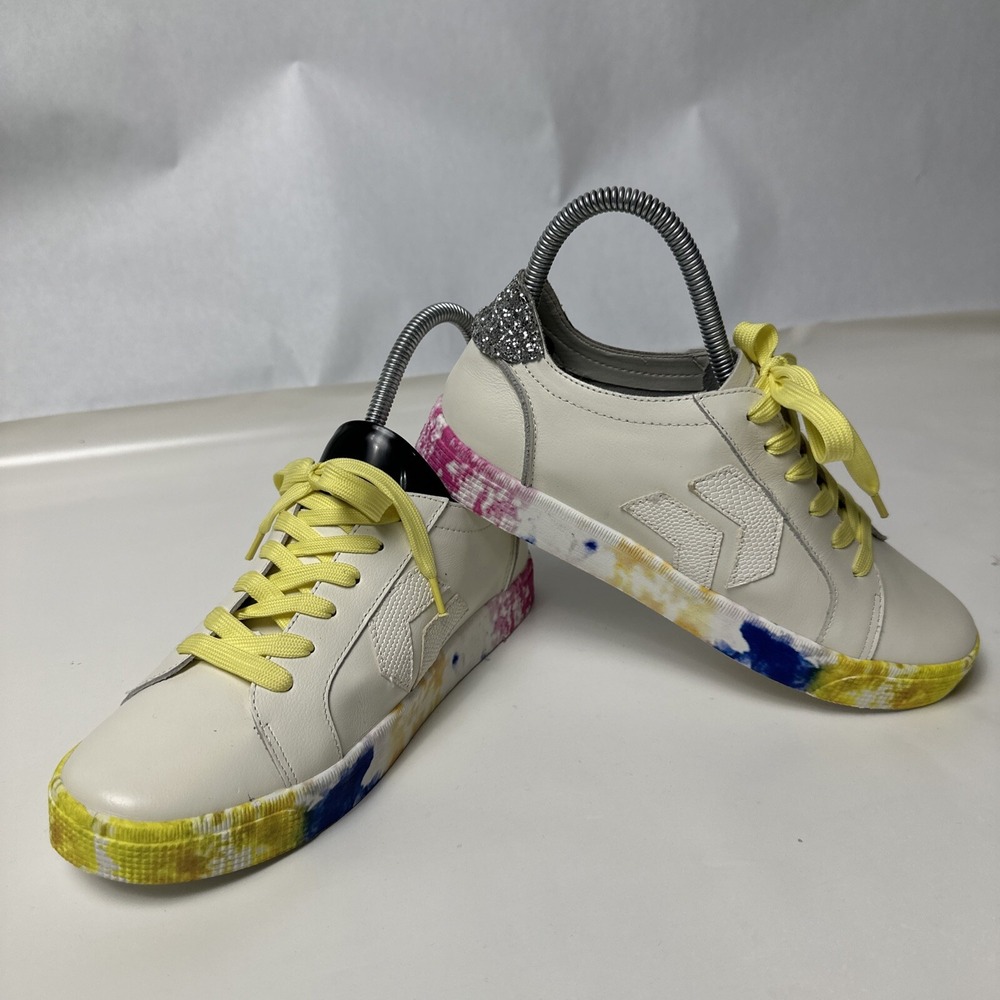 Dolce Vita Sneaker Zaga Tie Dye Sole Ivory Leather Glitter Back Citron 7 NEW
